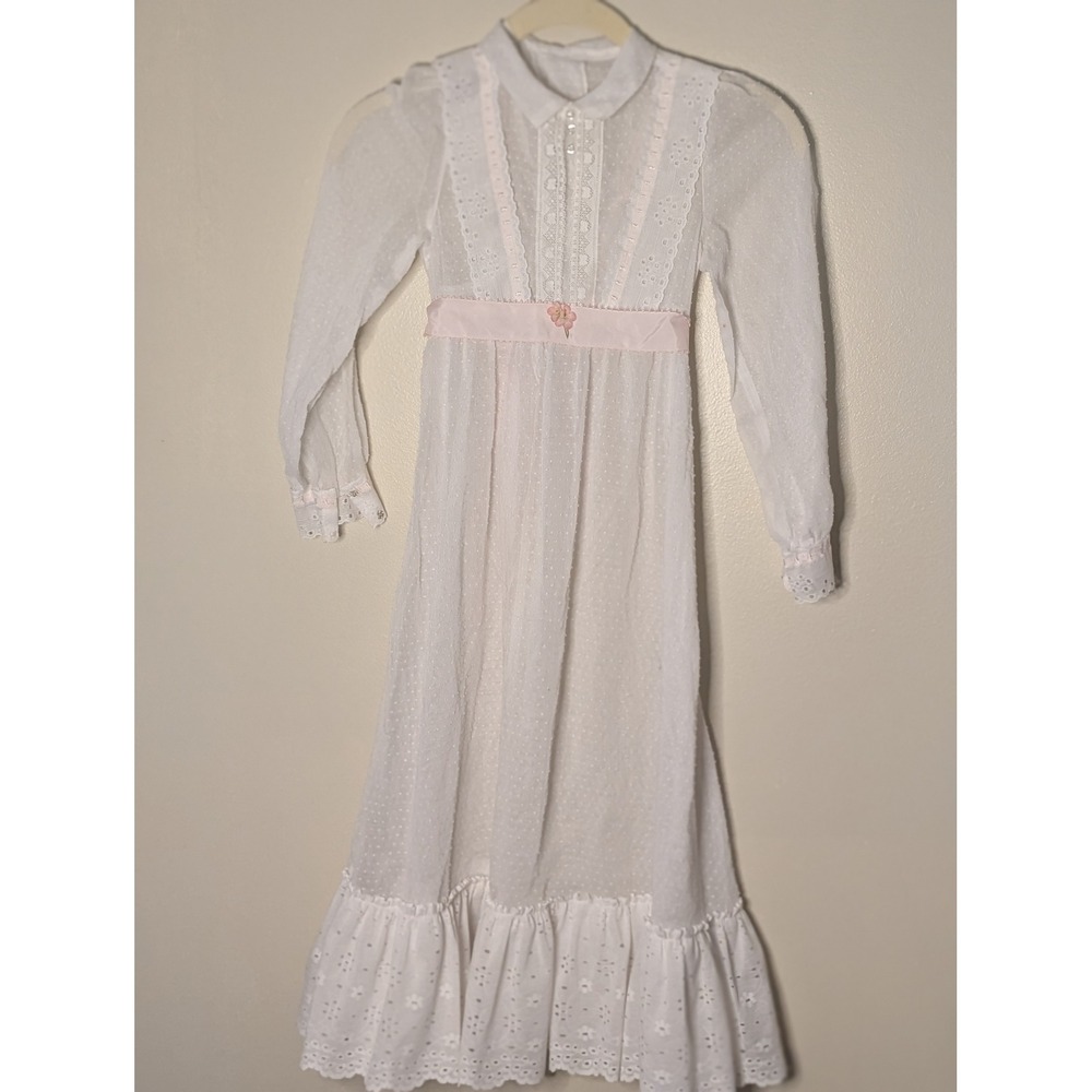 Edwardian Girls White Swiss Dot Eyelet Lace Dress Pink Ribbon Waist Vintage Rare